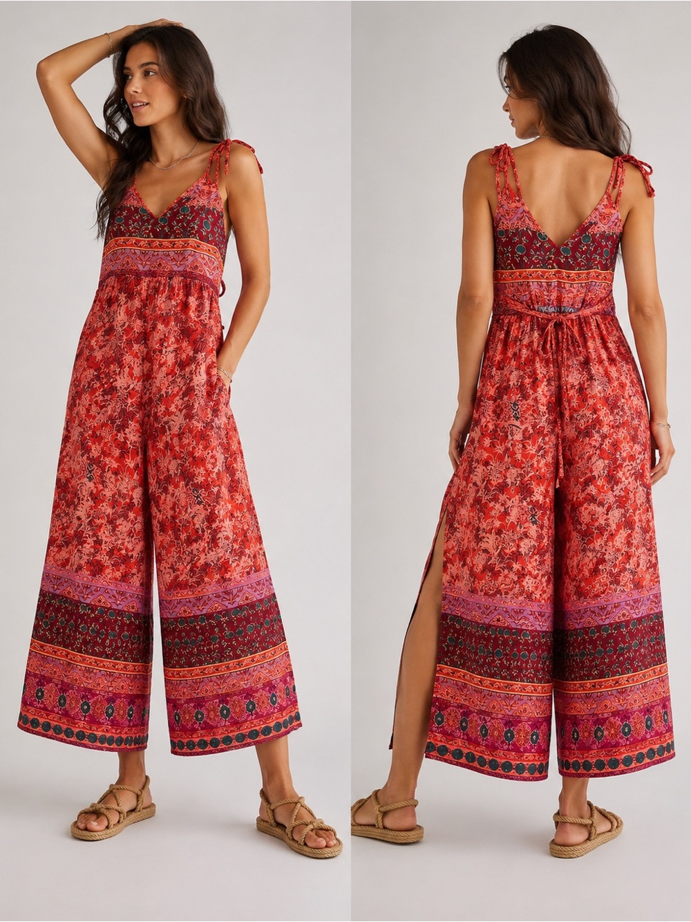 Free People Leona Print Wide Leg Jumpsuit boho red floral